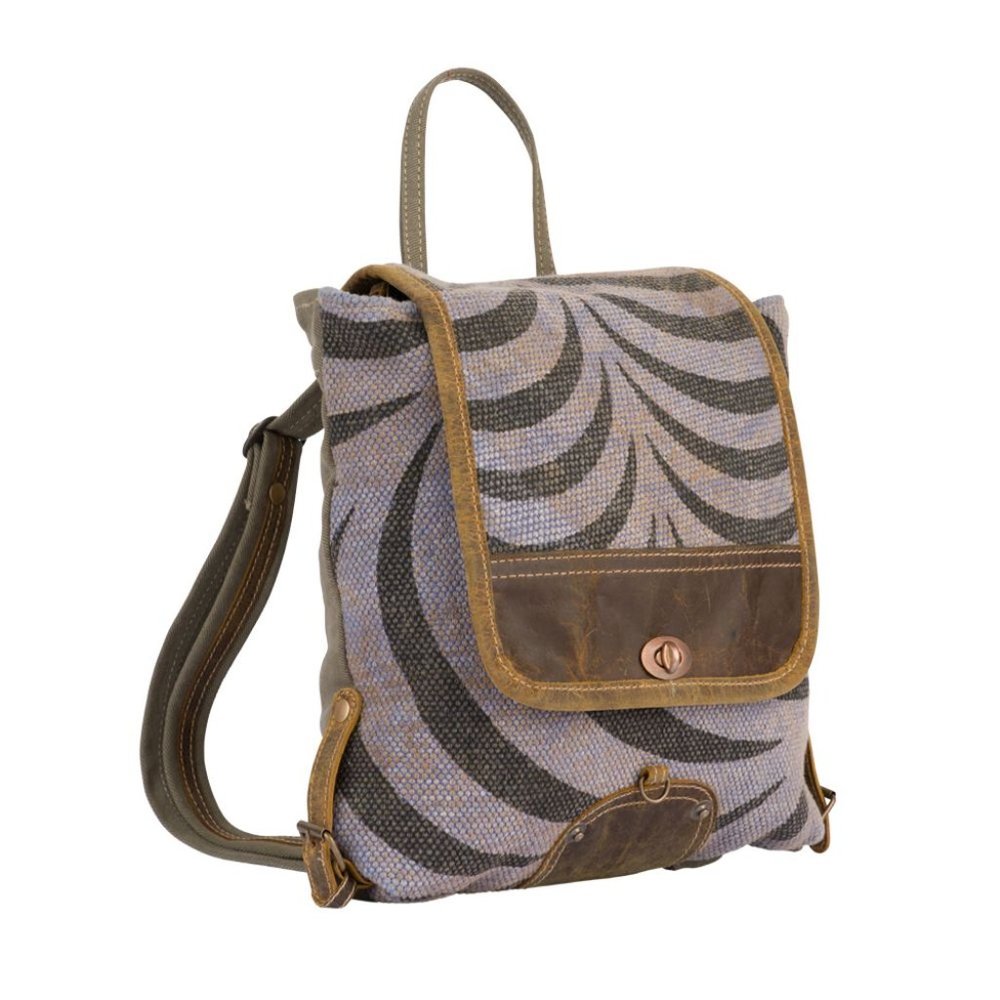 Myra Bag Handmade Grey Backpack Upcycled Canvas & Cowhide Leather - Picture 3 of 7